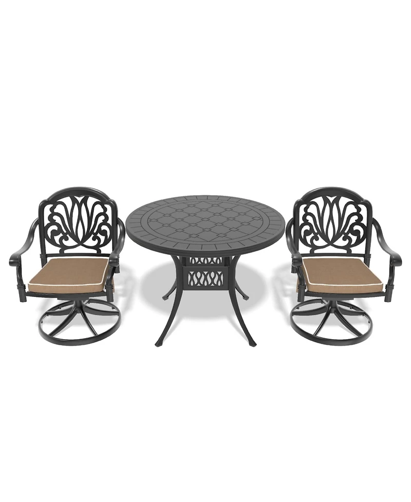 Streamdale 3-pc Cast Aluminum Dining Set, 2 Swivel Chairs, 39" Round Table, Black Frame