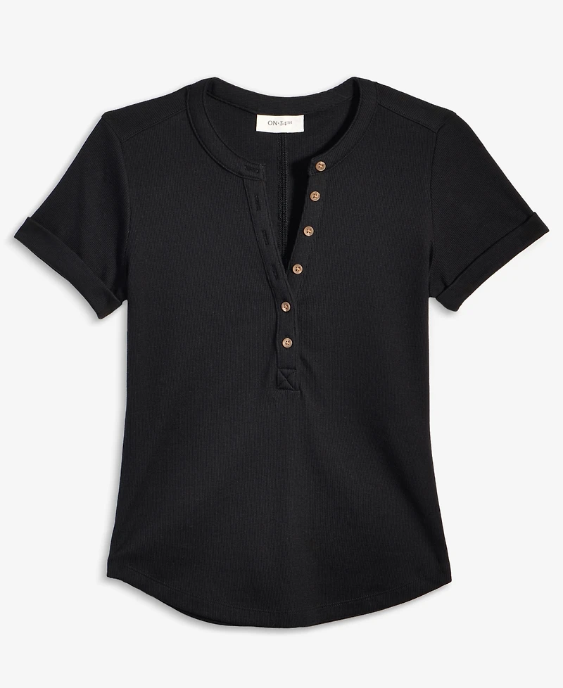 On 34th Women's Roll Cuff Rib-Knit Henley T-Shirt, Exclusively at Macy's