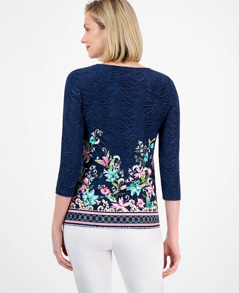 Jm Collection Women's Printed Jacquard 3/4-Sleeve Top, Exclusively at Macy's