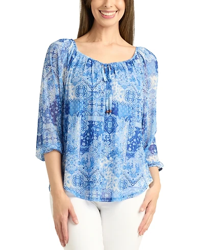 Bcx Juniors' Printed-Mesh Peasant 3/4-Sleeve Top