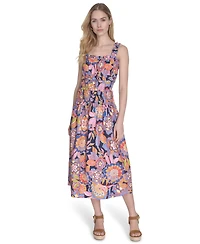 Eliza J Women's Petite Cotton Smocked-Waist Floral-Print Dress