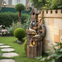 Outsunny 2-in-1 Outdoor Water Fountain with Birdhouse, Outdoor Waterfall