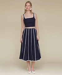 Avec Les Filles Womens Contrast Trim Linen Blend Crop Top Contrast Trim Linen Blend Midi Skirt