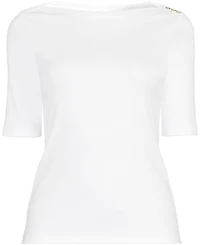 Lands' End Women's Supima Cotton Elbow Sleeve Boatneck Button Shoulder Tee