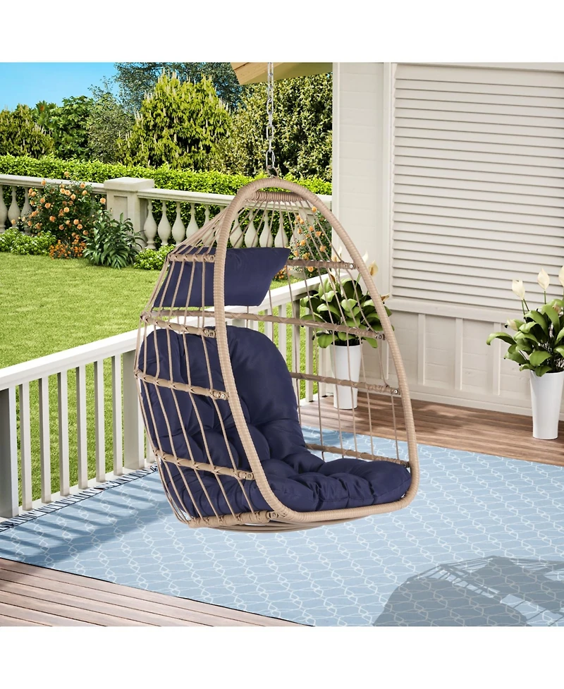Streamdale Outdoor Garden Rattan Egg Swing Chair Hanging Chair Wood + Dark Blue