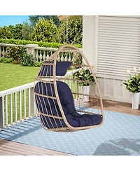 Streamdale Outdoor Garden Rattan Egg Swing Chair Hanging Chair Wood + Dark Blue