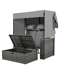 Streamdale 2-Piece Outdoor Rattan Daybed, Loveseat Sofa with Bench, Lounge Roof, Cushions (Grey)