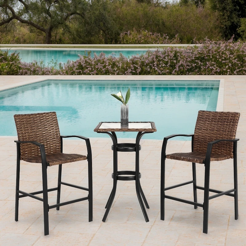 Streamdale 3-Piece Outdoor Rattan Bar Set, Glass Table, Wicker Stools, Brown
