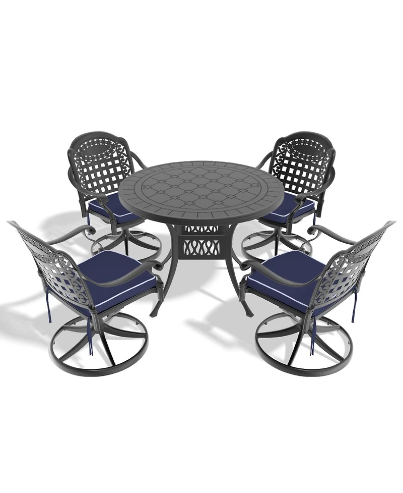 Streamdale 5-pc Cast Aluminum Dining Set, 4 Swivel Chairs, 39" Round Table, Black Frame