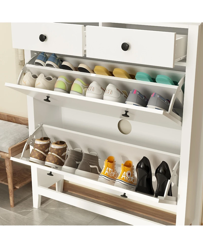 White 4-door shoe cabinet with two adjustable drawers,wooden shoe rack with leg