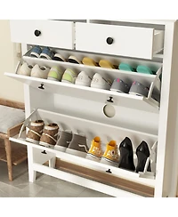 White 4-door shoe cabinet with two adjustable drawers,wooden shoe rack with leg