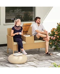 Outsunny Rat Patio Loveseat Wicker Sofa with Built-in Table