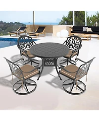 Streamdale 5-pc Cast Aluminum Dining Set, 4 Swivel Chairs, 39" Round Table, Black Frame