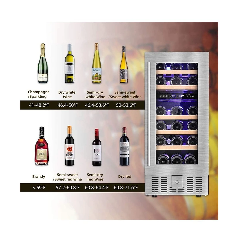 Cowsar 15" Wine Cooler Under Counter Beverage Refrigerator Beer Mini Fridge 28 Bottles Dual Zone Built-in Freestanding Stainless Steel Double-Layer Te