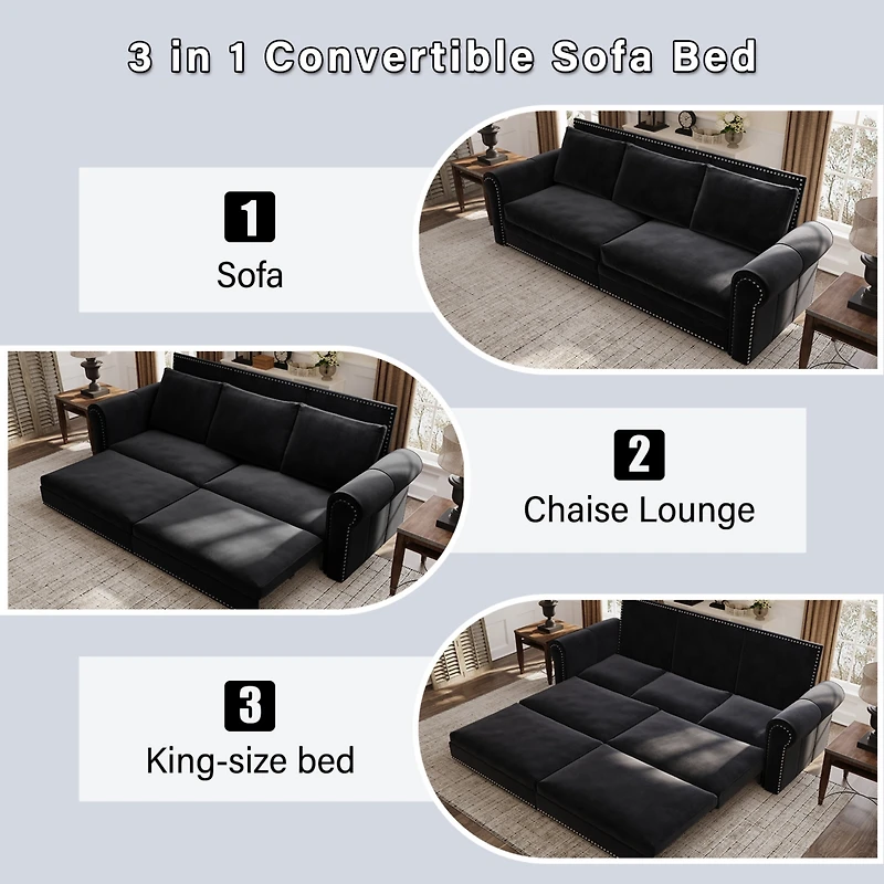 Streamdale Chesterfield Convertible Sleeper, 3-in-1 Velvet Multi-Functional Sofa Bed - King Size