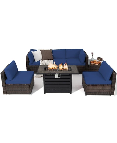 Gymax 7PCS Patio Rattan Furniture Set 42'' Fire Pit Table w/ Cover Cushioned