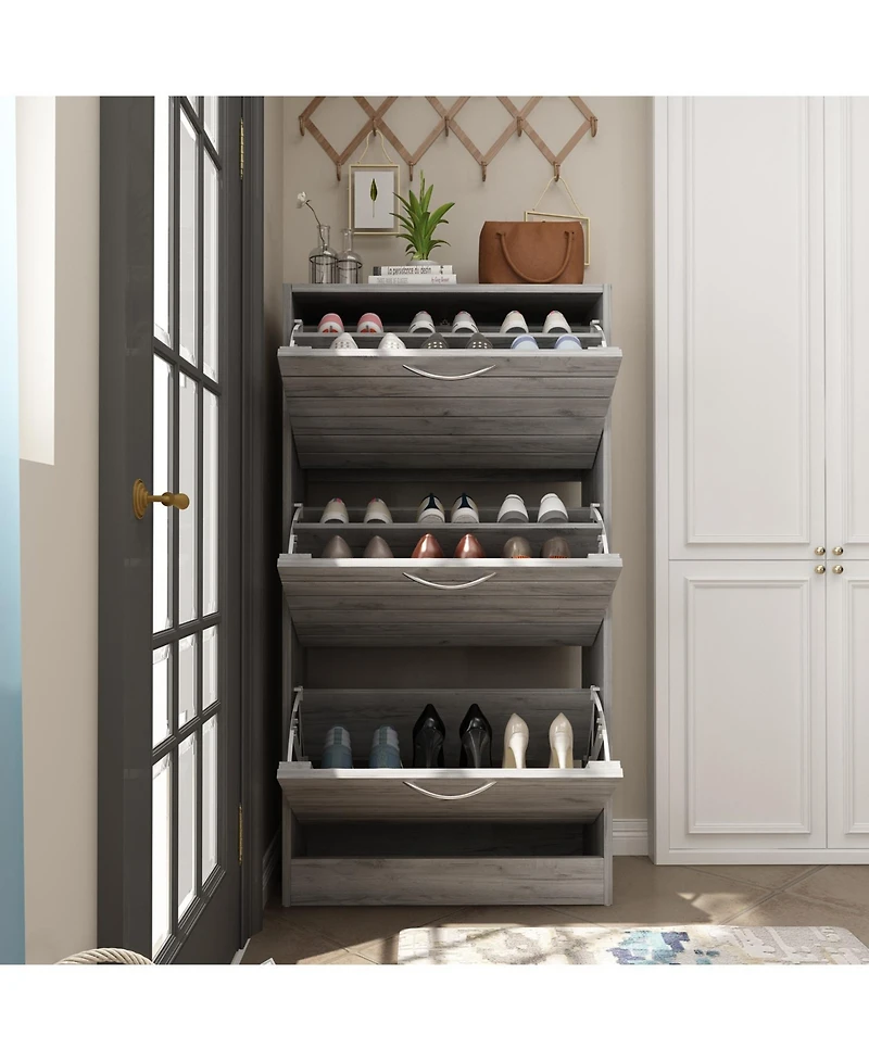 Wooden 3-door shoe cabinet, shutter door drawers
