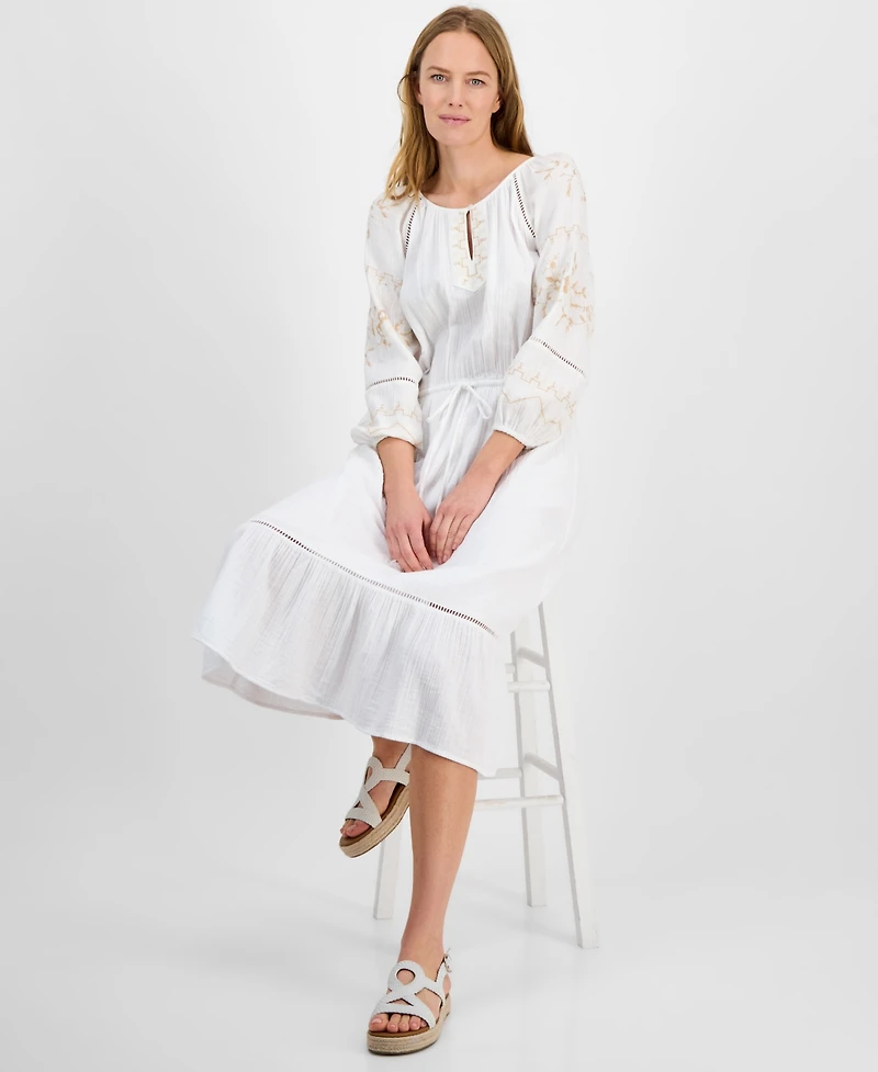 Style & Co Petite Cotton Embroidered Ladder-Trim Midi Dress, Exclusively at Macy's