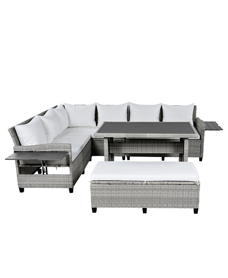 Streamdale 5-Piece Patio Rattan Sofa Set, L-Shape, Extendable Tables, Washable Covers, White