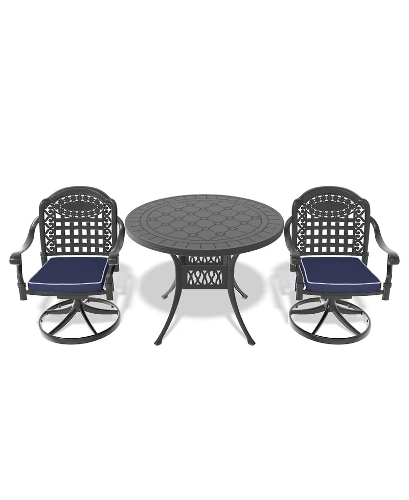 Streamdale 3-pc Cast Aluminum Dining Set, 2 Swivel Chairs, 39" Round Table, Black Frame