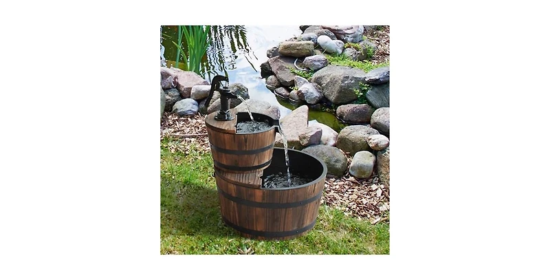 Outdoor 2-Tier Whiskey Barrel Waterfall Fountain with Electric Pump for Garden Decor