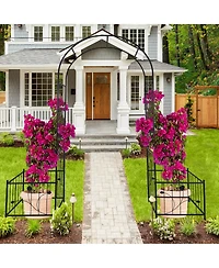 Metal Garden Arch with two plant stands 79.5'' Wide x 86.6'' High Climbing Plants Support Rose Arch Outdoor Black