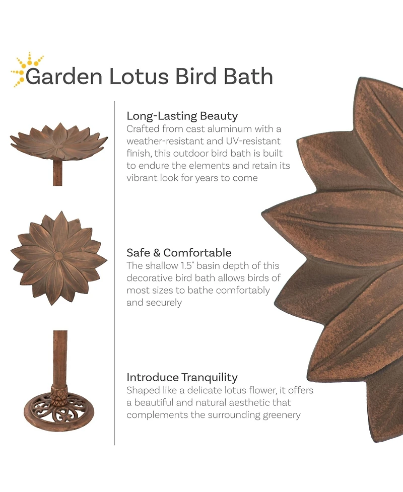 Garden Lotus Cast Aluminum Metal Bird Bath - Copper Patina - 16.5"