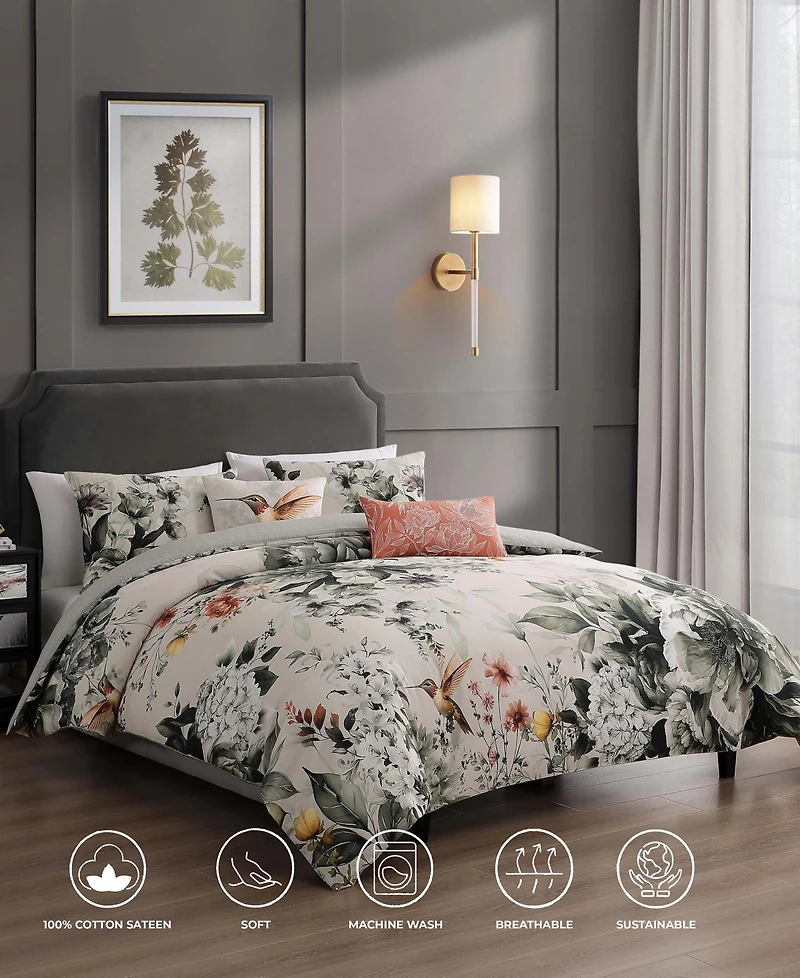 Bebejan Vintage Bloom Bedding 100% Cotton Sateen 5 Piece Queen Size Reversible Comforter Set