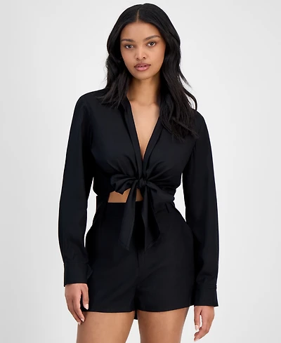Bar Iii Women's Collared Tie-Hem Blouse, Exclusively at Macy's