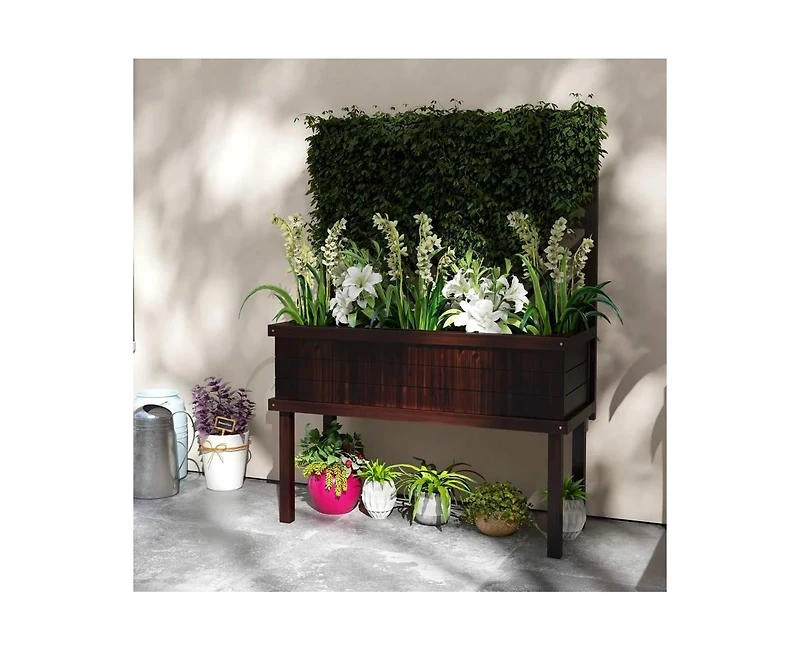 Espresso Fir Wood Elevated Raised Garden Bed With Stylish Climbing Trellis