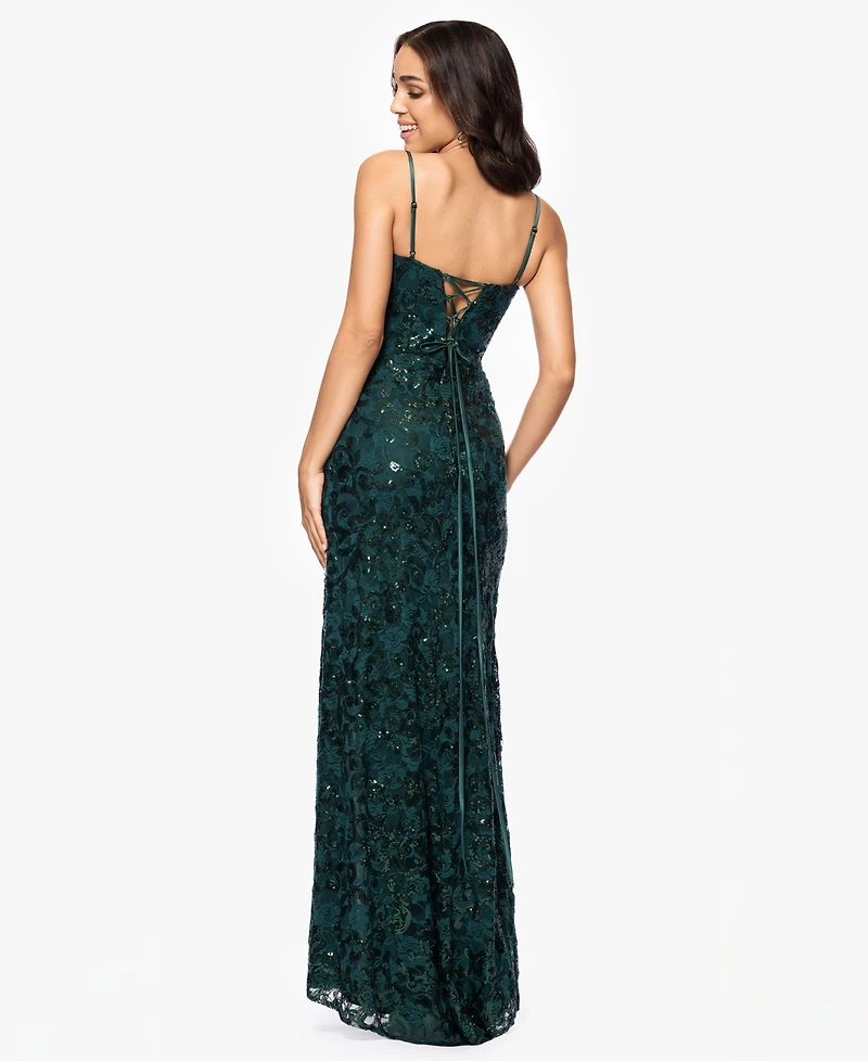 Blondie Nites Juniors' Sequined Lace Cutout-Front Lace-Up-Back Gown