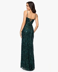 Blondie Nites Juniors' Sequined Lace Cutout-Front Lace-Up-Back Gown