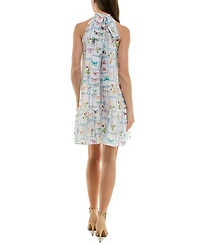 Taylor Women's Mock-Neck Butterfly-Print Ruffled-Hem Dress