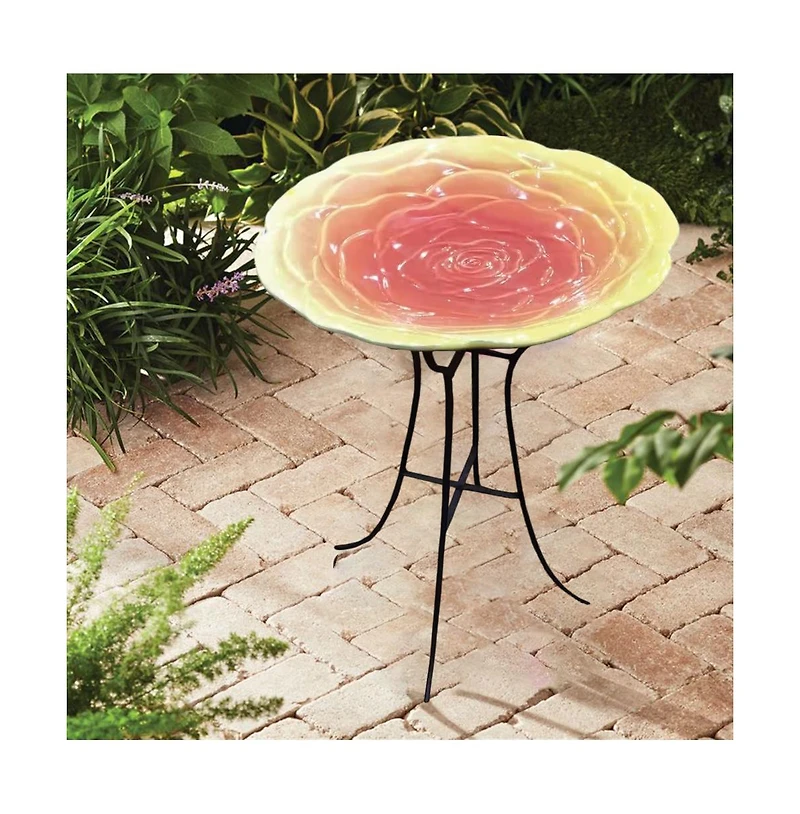 Outdoor Ceramic Floral Birdbath with Metal Stand for Garden Decor