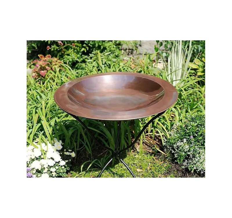 Round Copper-Plated Brass Large Bird Bath with Rimmed Bowl for Outdoor Garden
