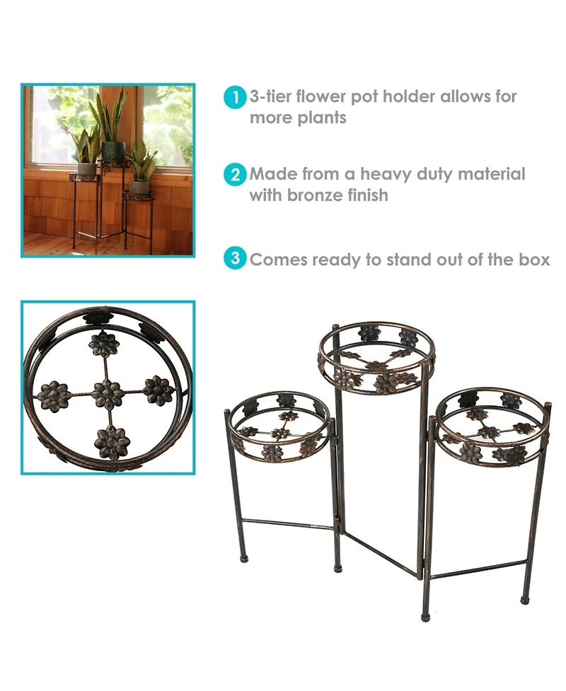 Indoor/Outdoor Steel 3-Tiered Folding Decorative Potted Flower Plant Stand Display - 29" - Bronze