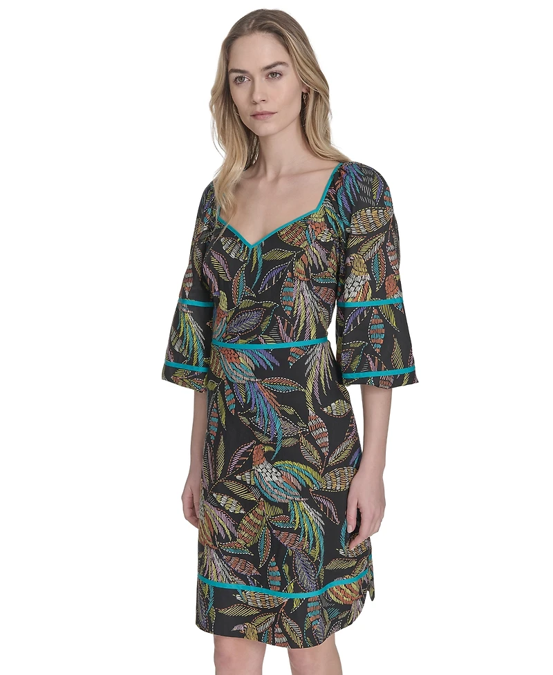 Vince Camuto Women's Cotton Leaf-Print Piped-Trim Dress