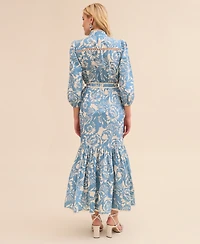 Avec Les Filles Women's Cotton Belted Puffed-Shoulder Dress