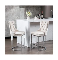 Set of 2 Velvet Counter Height Stools, 25.2" Kitchen Island Chairs with Button Tufted Back, Rivet Trim and Chrome Metal Base -The Pop Home