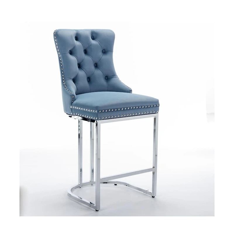 Set of 2 Velvet Counter Height Stools, 25.2" Kitchen Island Chairs with Button Tufted Back, Rivet Trim and Chrome Metal Base -The Pop Home