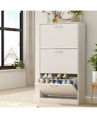 Wooden 3-door white shoe cabinet, shutter door drawers