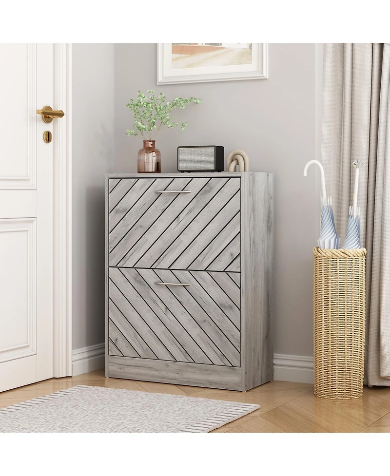 The yellow 2-door wooden shoe cabinet and fashionable shutter door design, sturdy and durable, efficient and stored, and enhance the aesthetics of the