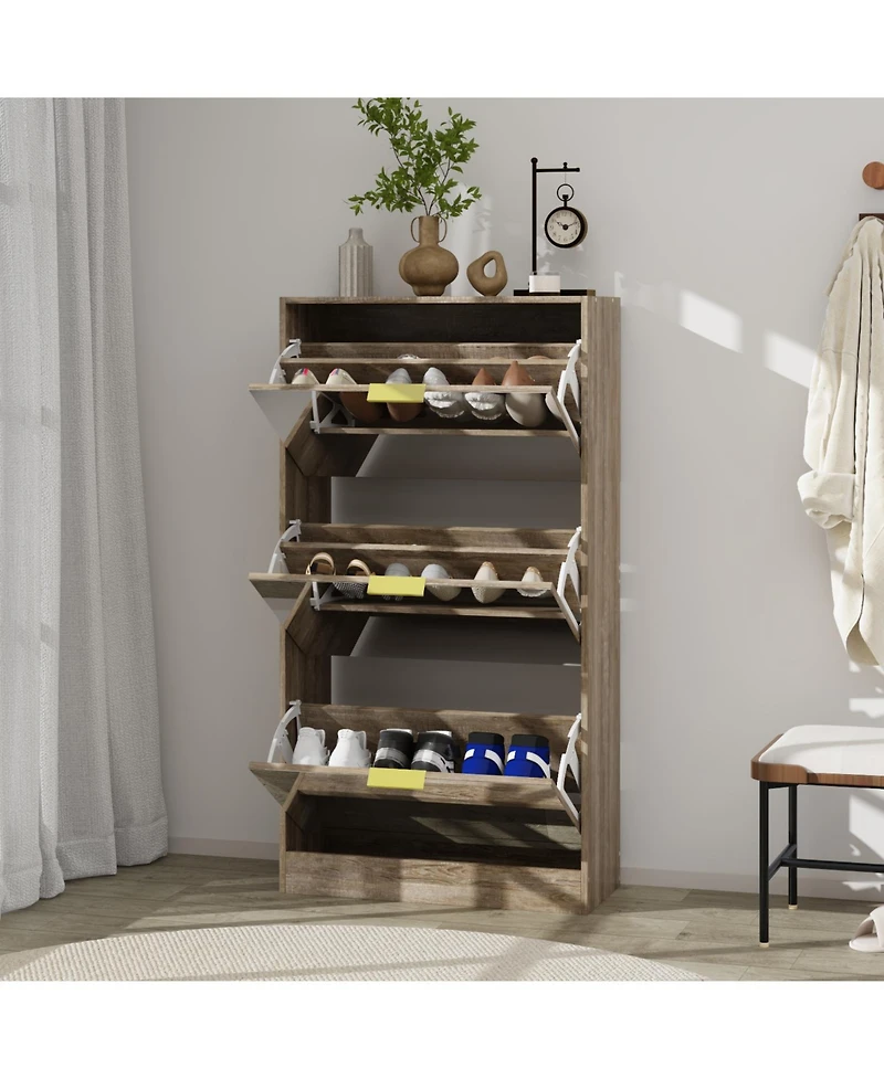 Wooden 3-door natural shoe cabinet,Mirror door panel, multi-purpose shoe rack with metal handles
