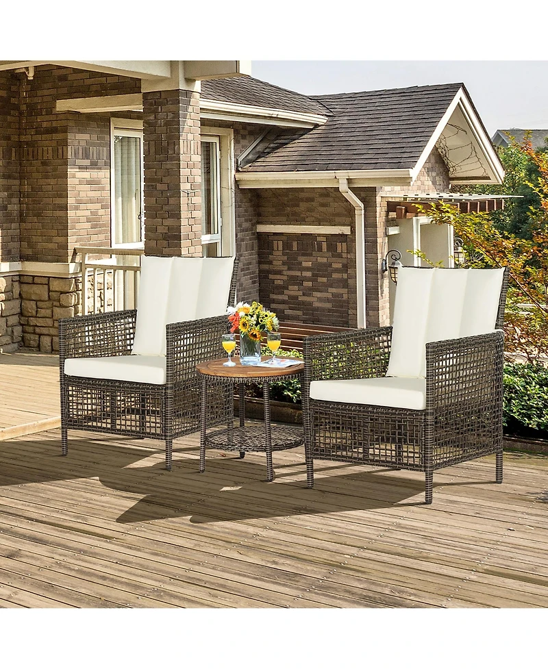 Gymax 3PCS Patio Wicker Bistro Set Furniture Set Pe Rattan Table Set w/ Cushions