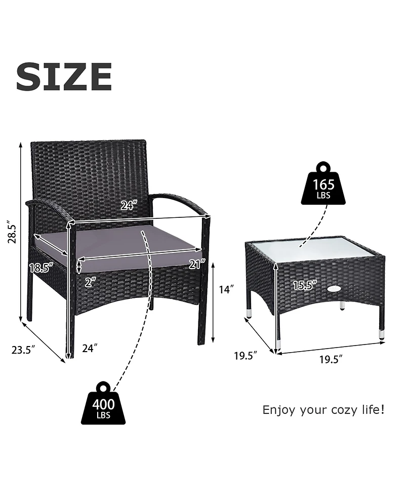 Gymax 3 Pcs Patio Wicker Rattan Furniture Set Coffee Table & 2 Rattan Chair W/Cushion
