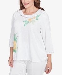 Alfred Dunner Plus Rise and Shine Embroidered Pineapple Top