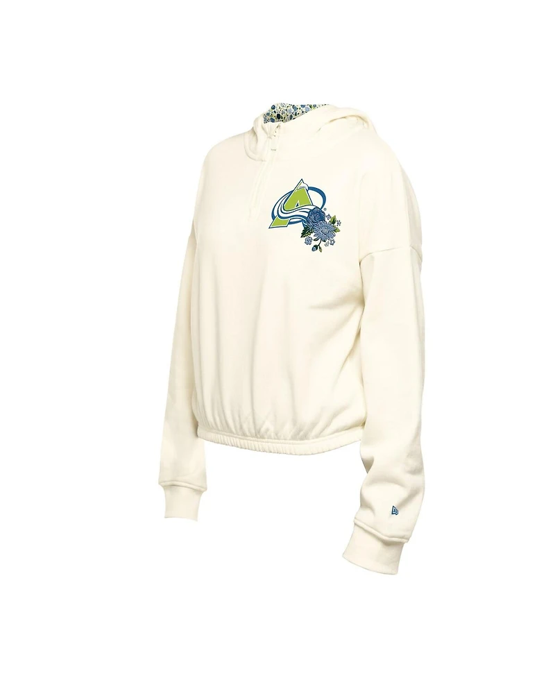 New Era Women's Cream Colorado Avalanche Glam Game Quarter-Zip Cropped Floral Pullover Hoodie