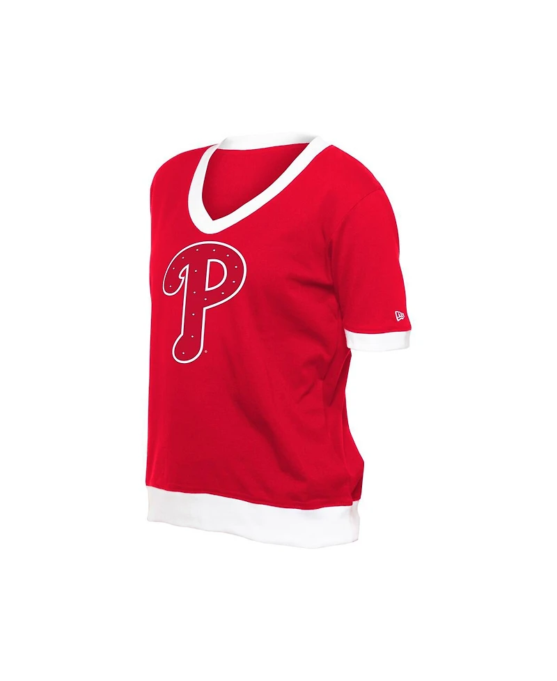 New Era Women's Red Philadelphia Phillies Game Day Rhinestone V-Neck T-Shirt