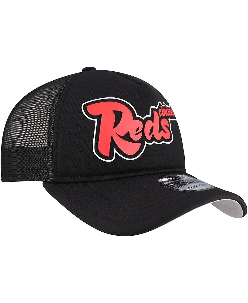 New Era Men's Black Cincinnati Reds Retro Bold A-Frame Trucker 9FORTY Adjustable Hat