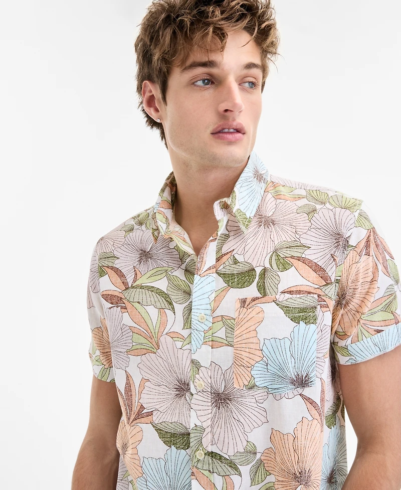 Sun + Stone Men's Duke Short Sleeve Floral Print Linen Blend Button-Front Shirt, Exclusively at Macy's